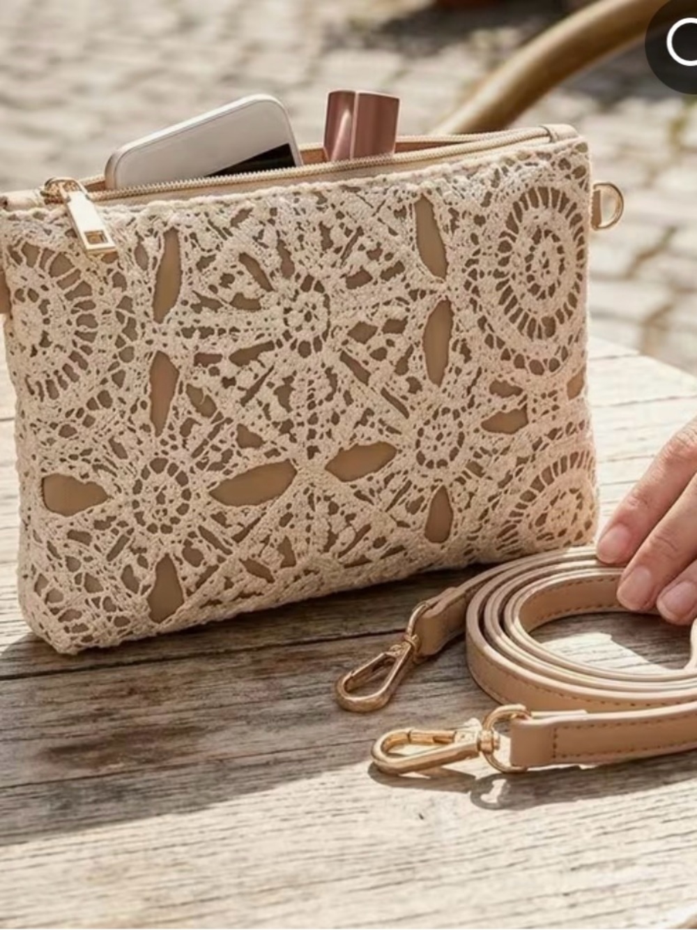Crochet Lace Crossbody Bag in Beige - Lightweight Women’s Clutch
